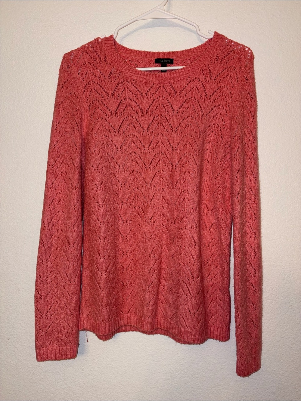 Talbots Coral Openwork Crew Neck Pullover Sweater